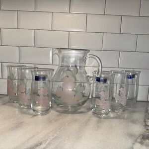 PASABAHCE TURKISH Glass Ice Lip Pitcher and 6 Glasses Pink FlowerMotif GW999 New